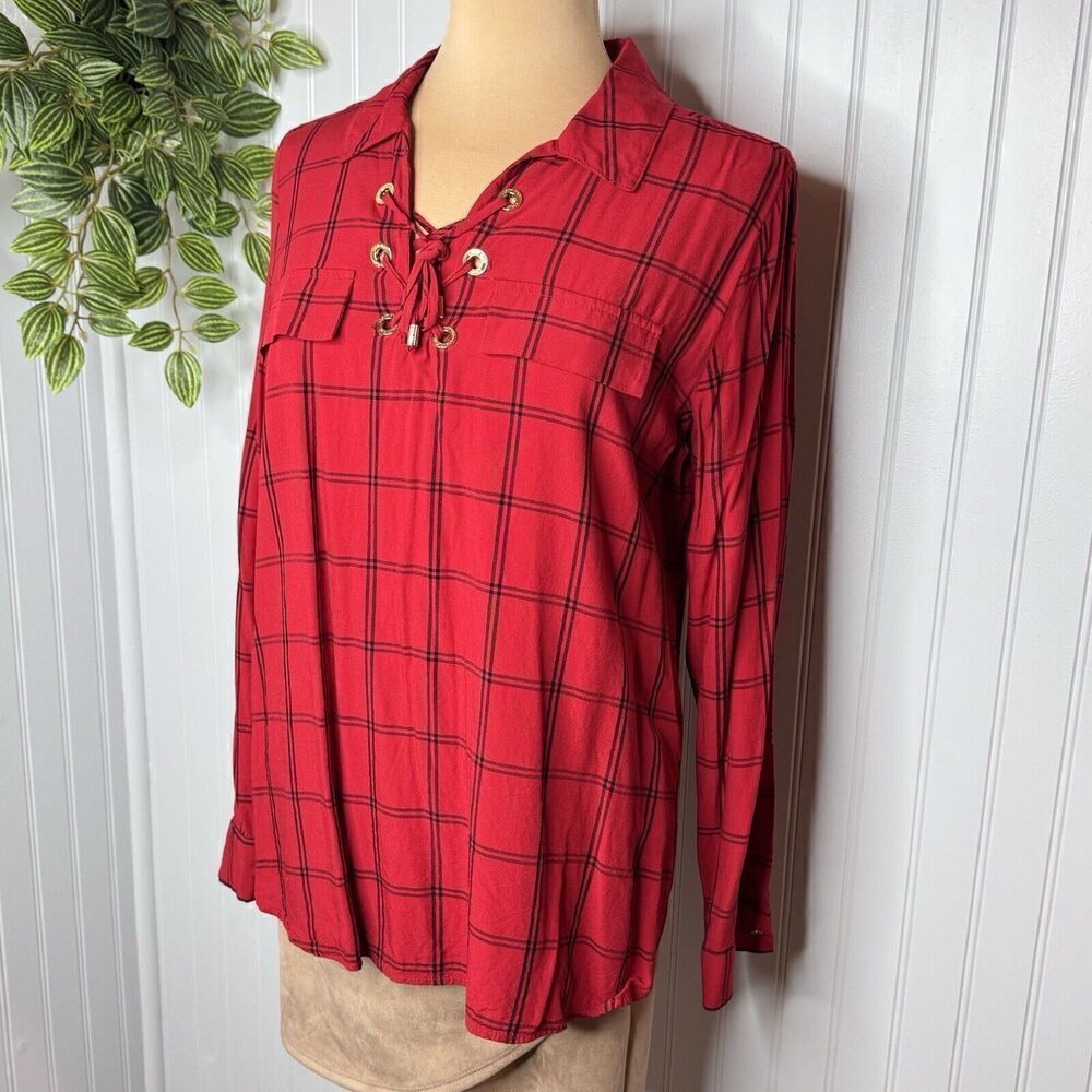 Calvin Klein Sz S Women's Windowpane Print Lace-Up Top Red Plaid  V Neck 0127